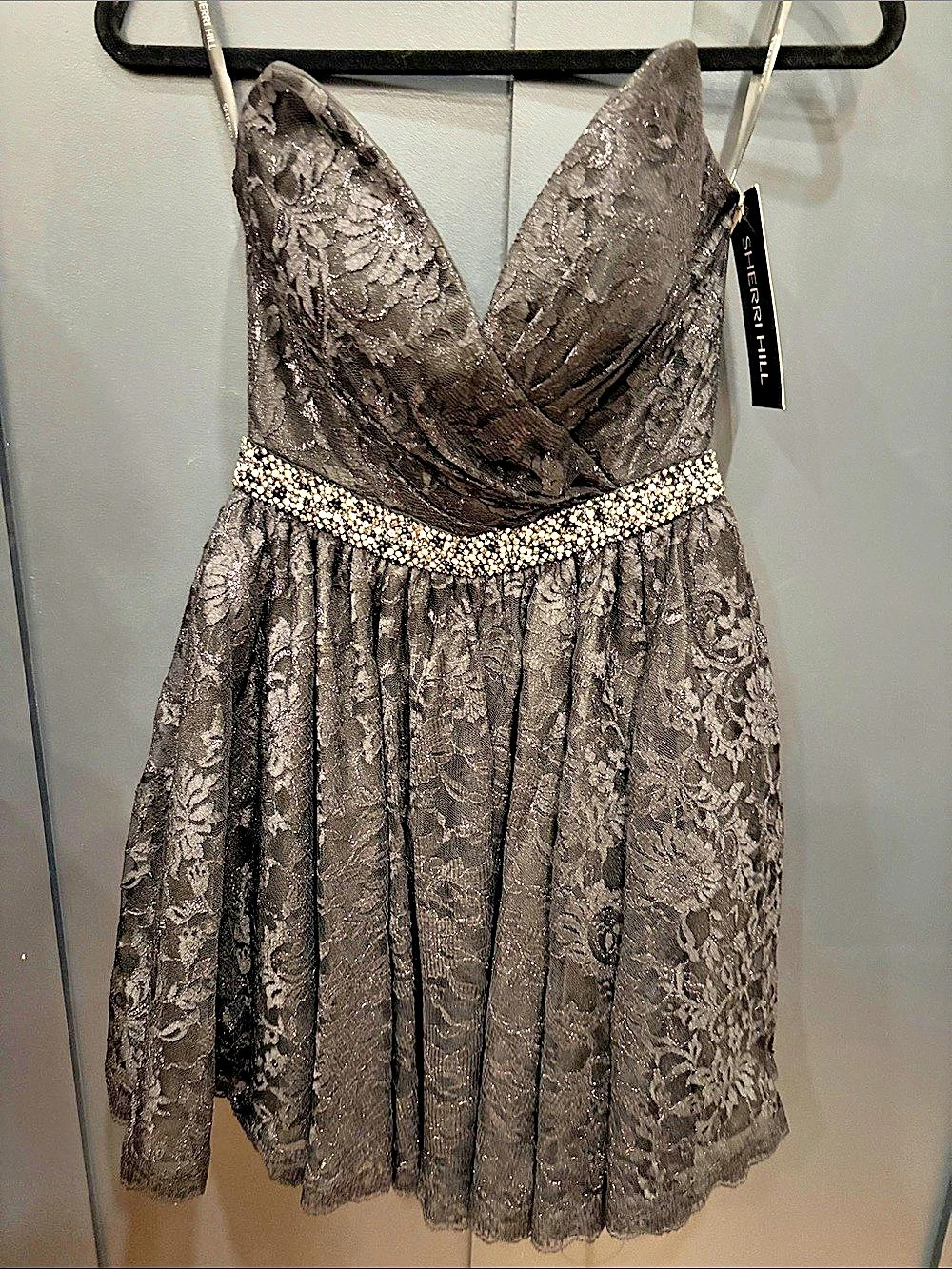 740. Sherri Hill Black Floral Lace Mini Dress Size 2
